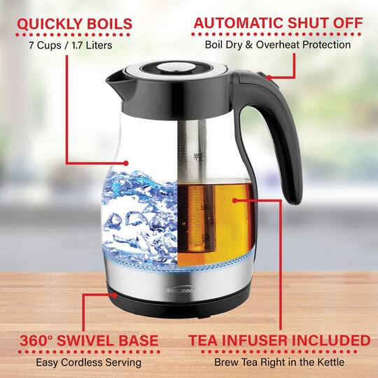 Brentwood 1.79qt. Cordless Glass Electric Kettle with Tea Infuser and Swivel Base